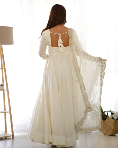 White Mastani Roman Silk Fully Flare Anarkali Gown