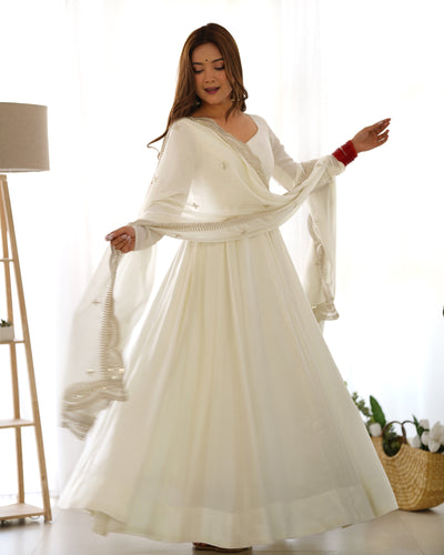 White Mastani Roman Silk Fully Flare Anarkali Gown