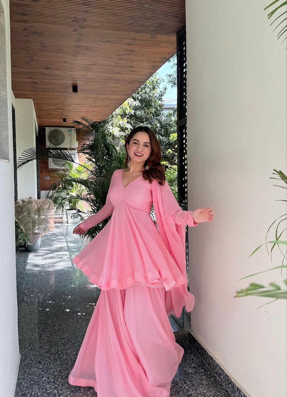 Aelvisha Baby Pink Faux Blooming Designer Sharara Suit