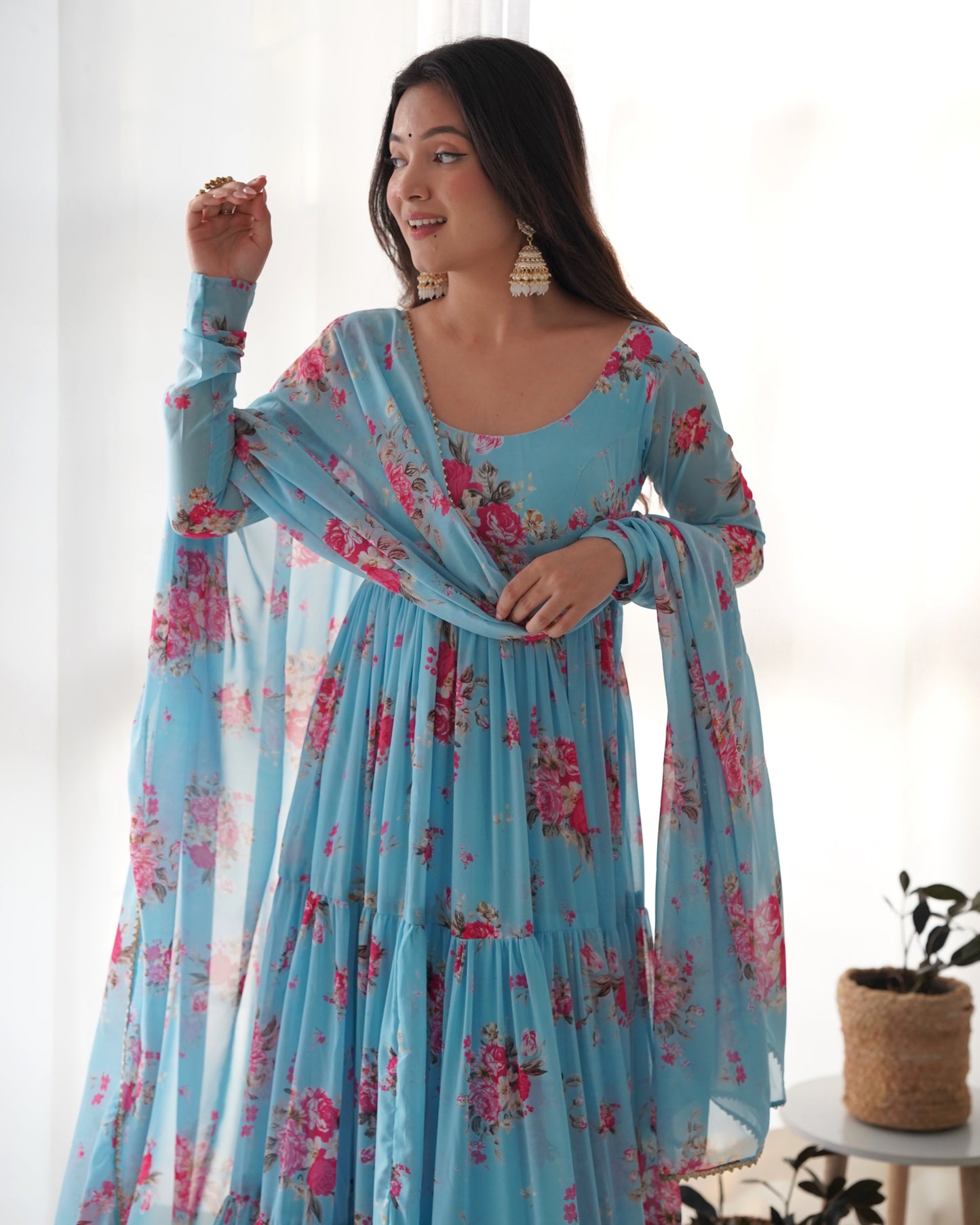 Ocean Blue Printed Georgette Anarkali