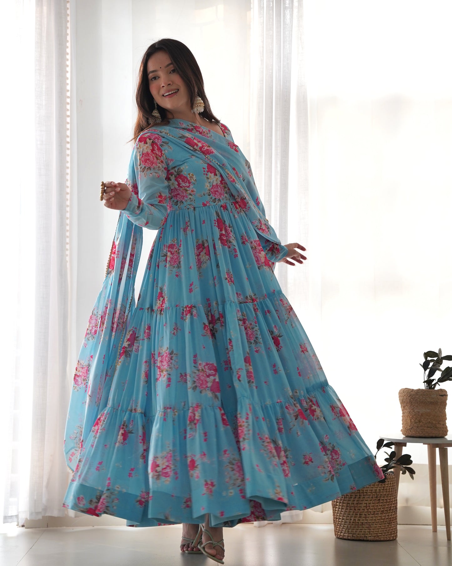 Ocean Blue Printed Georgette Anarkali