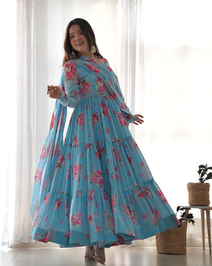 Ocean Blue Printed Georgette Anarkali