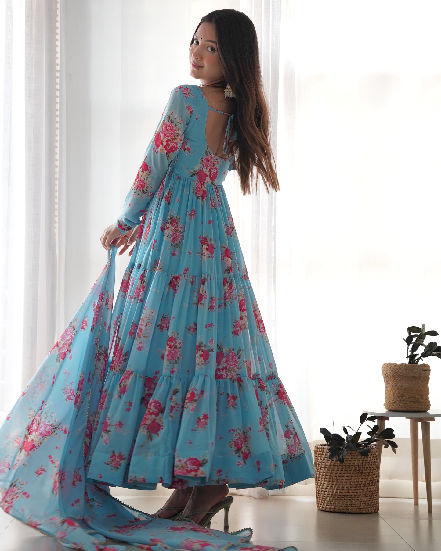 Ocean Blue Printed Georgette Anarkali
