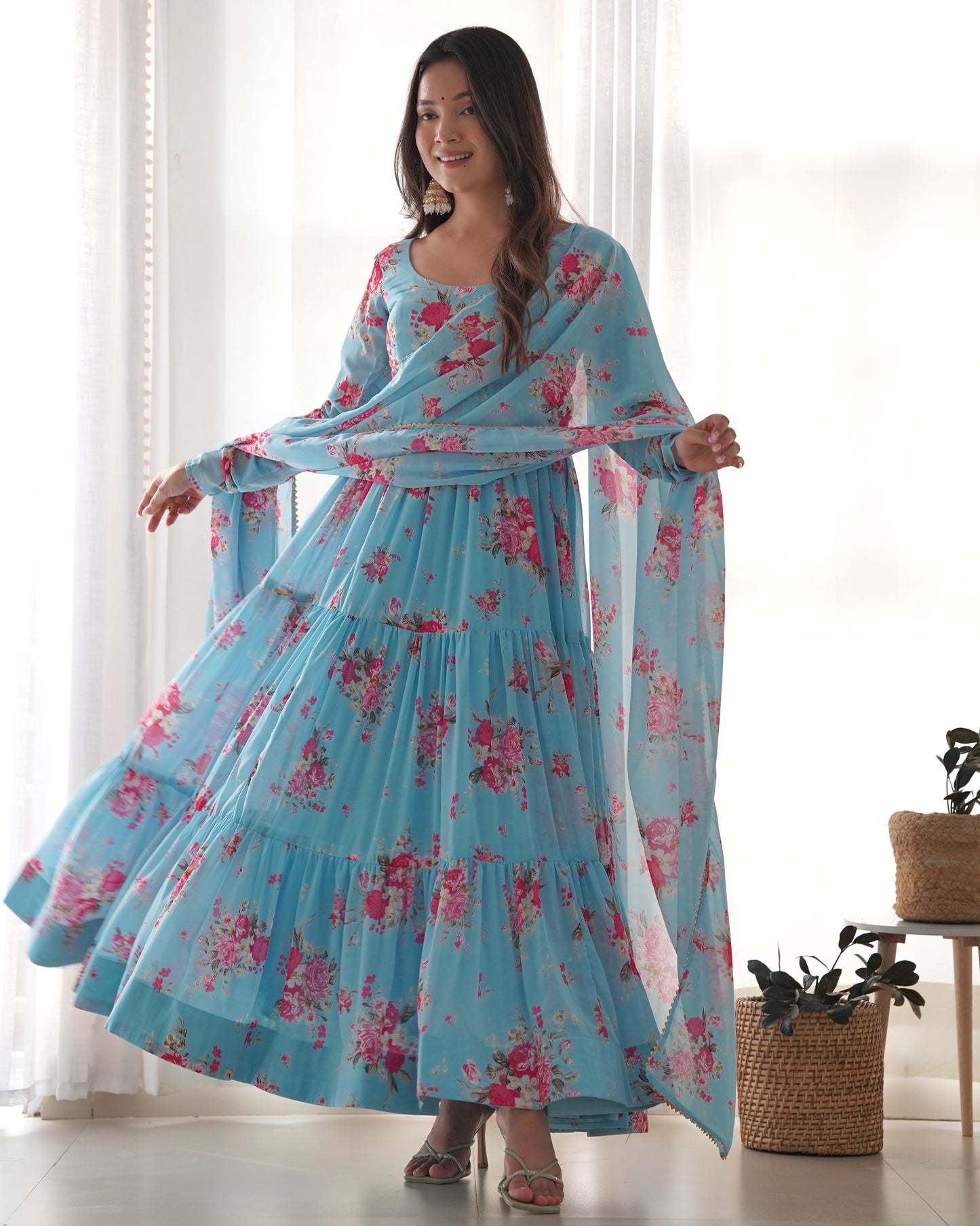Ocean Blue Printed Georgette Anarkali