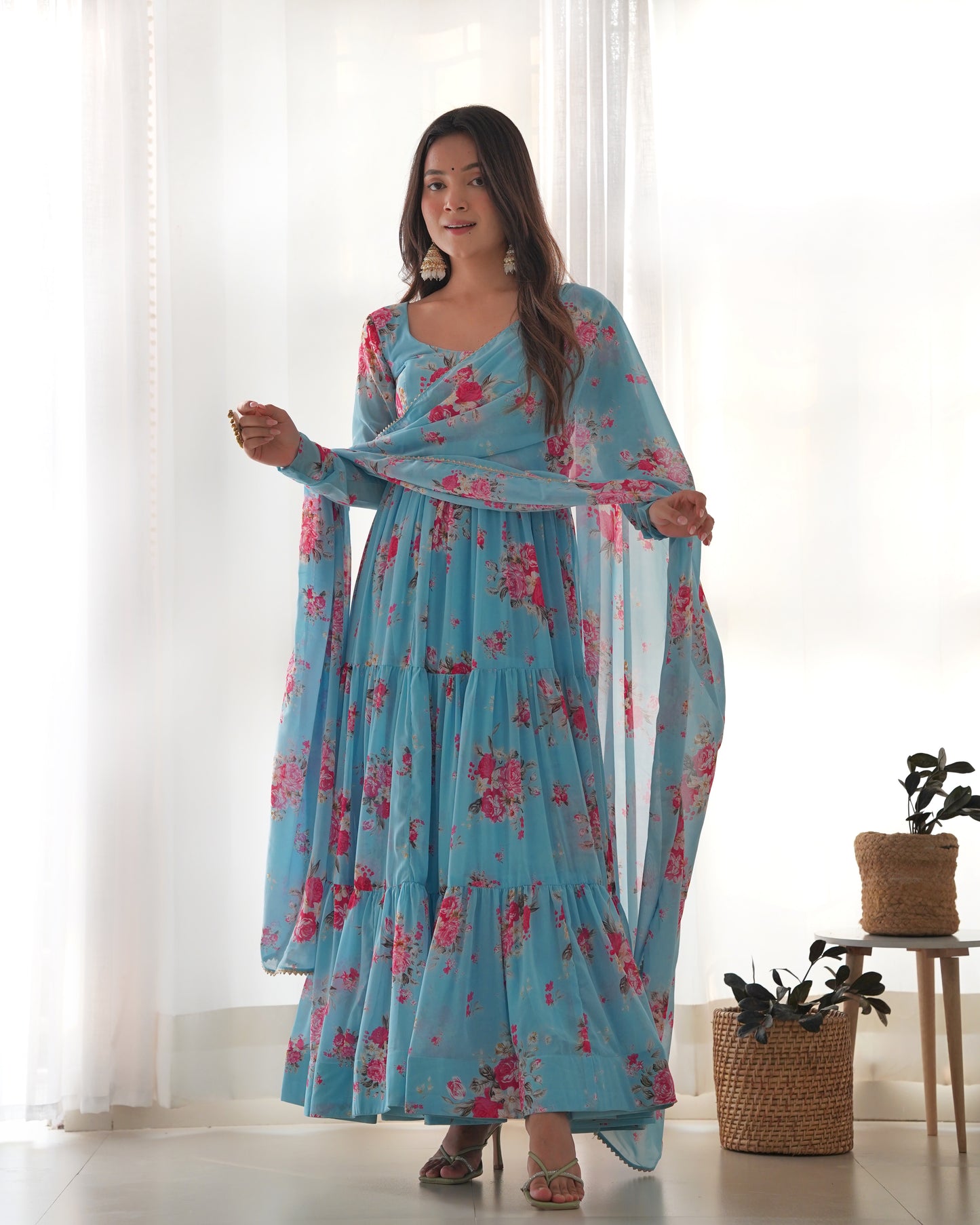 Ocean Blue Printed Georgette Anarkali