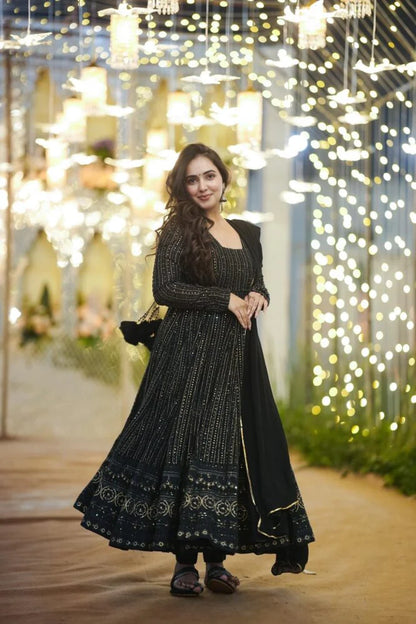 Shine Black Black Embroidered Georgette Suit