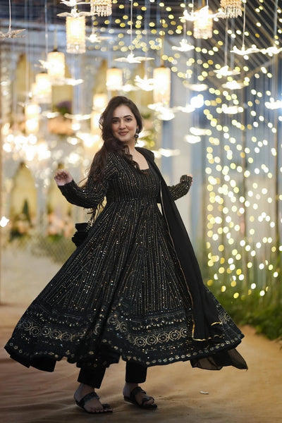 Shine Black Black Embroidered Georgette Suit