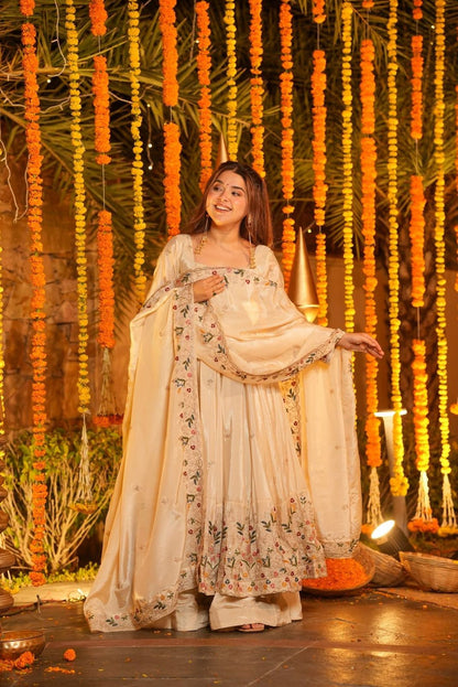 Shaarika White Crunchy Silk Anarkali Palazzo Set