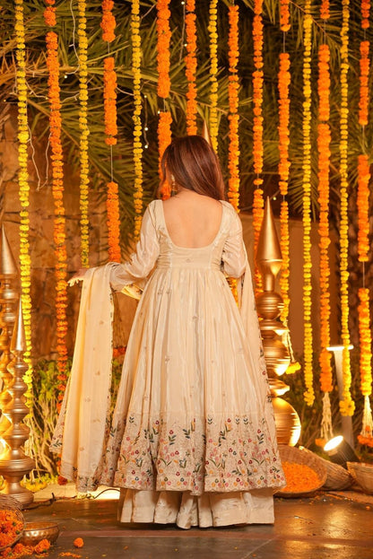 Shaarika White Crunchy Silk Anarkali Palazzo Set
