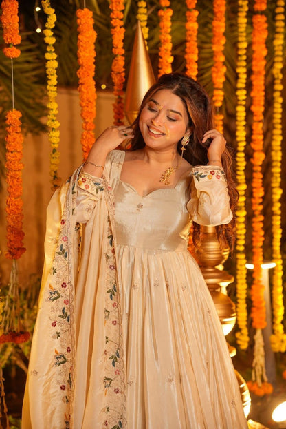 Shaarika White Crunchy Silk Anarkali Palazzo Set