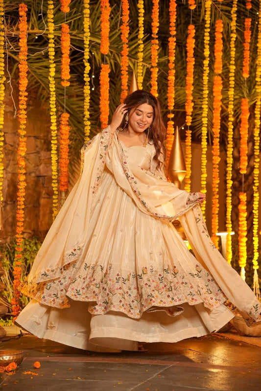 Shaarika White Crunchy Silk Anarkali Palazzo Set
