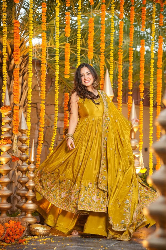 Pranavi Yellow Crunchy Silk Anarkali Palazzo Set