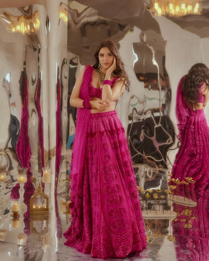 Pink Sequins,Thread & Dori Work Kasturi Silk Lehenga Set