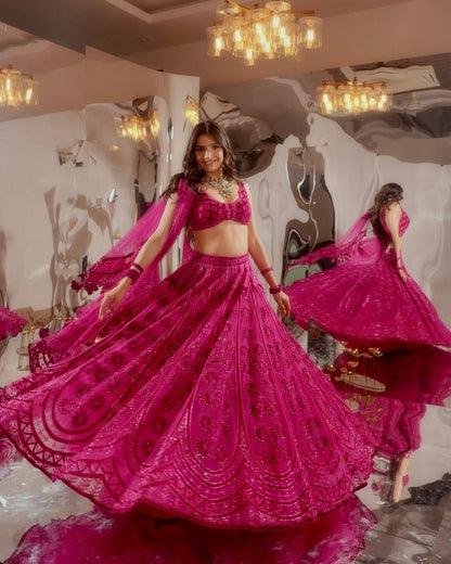 Pink Sequins,Thread & Dori Work Kasturi Silk Lehenga Set