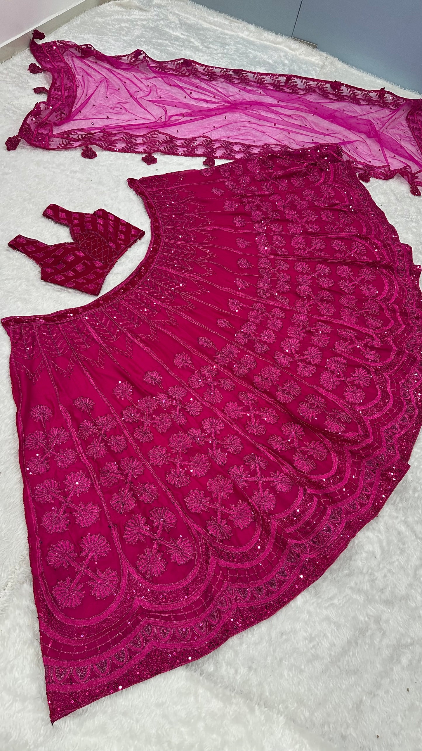 Pink Sequins,Thread & Dori Work Kasturi Silk Lehenga Set
