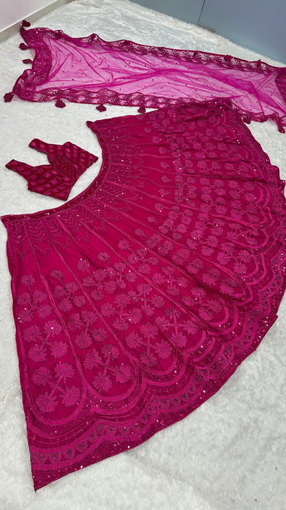 Pink Sequins,Thread & Dori Work Kasturi Silk Lehenga Set
