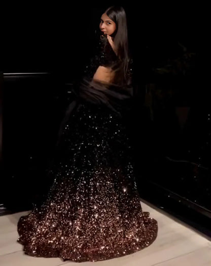 Stunning Black Gold Velvet Lehengha Choli