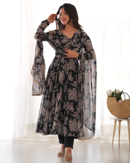 Black Flower Print Soft Georgette Fully Flare Anarkali