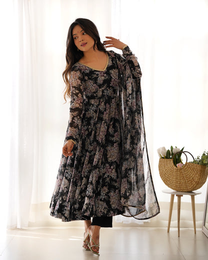 Black Flower Print Soft Georgette Fully Flare Anarkali
