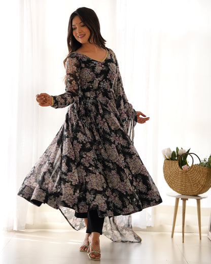 Black Flower Print Soft Georgette Fully Flare Anarkali