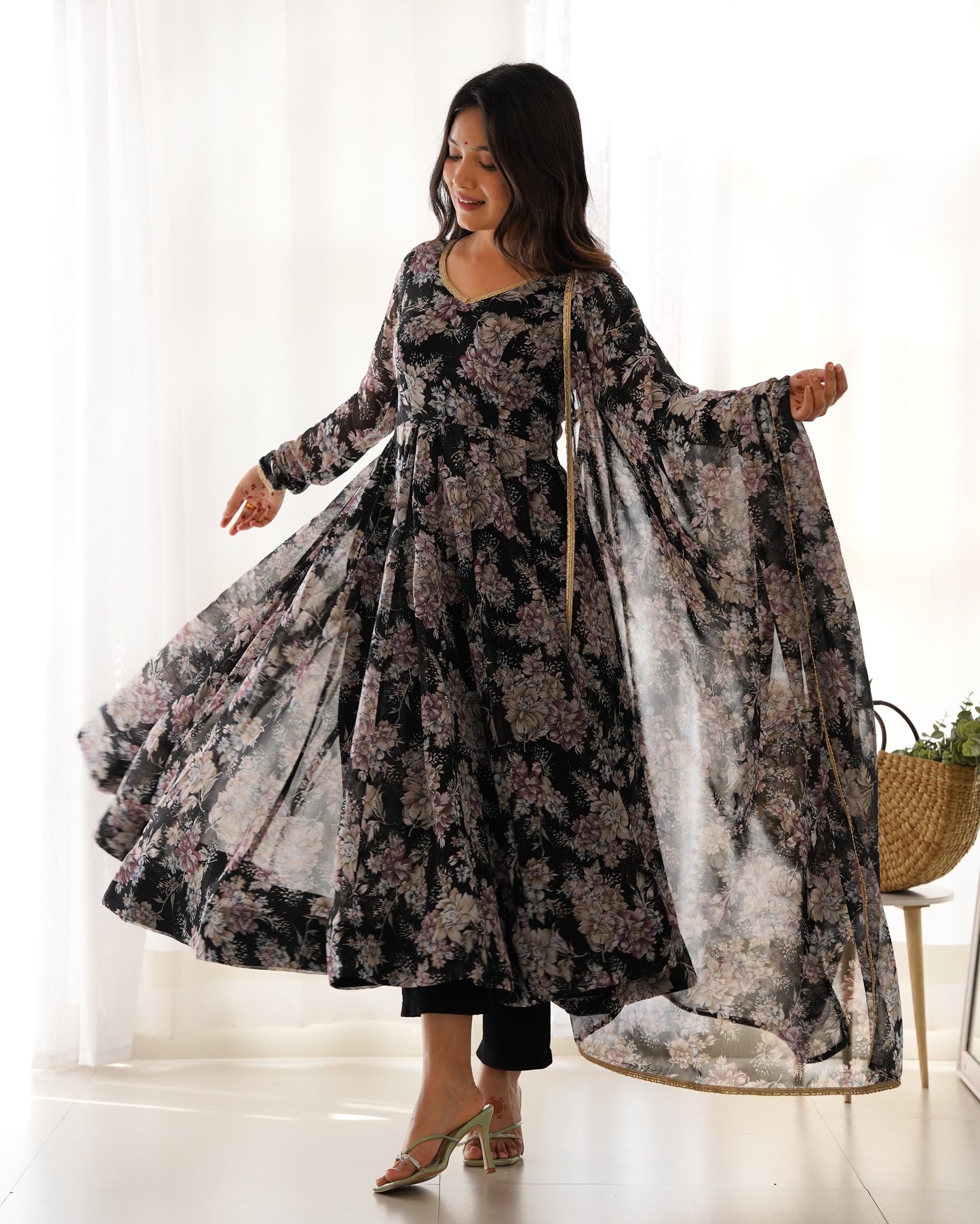 Black Flower Print Soft Georgette Fully Flare Anarkali