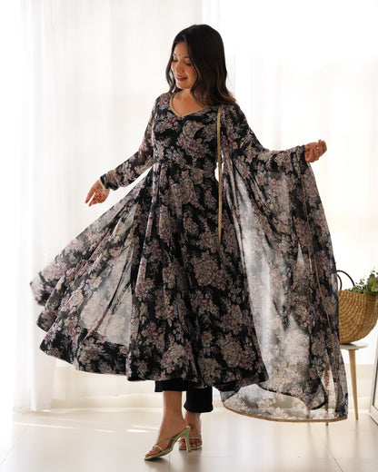 Black Flower Print Soft Georgette Fully Flare Anarkali