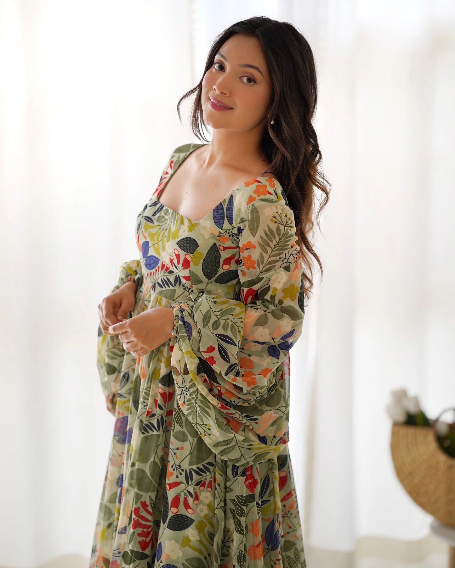 Samriddhi Pista Colourfull Floral Gown Digital Printed Faux Georgette