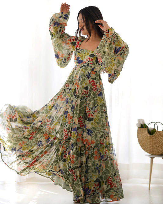 Samriddhi Pista Colourfull Floral Gown Digital Printed Faux Georgette