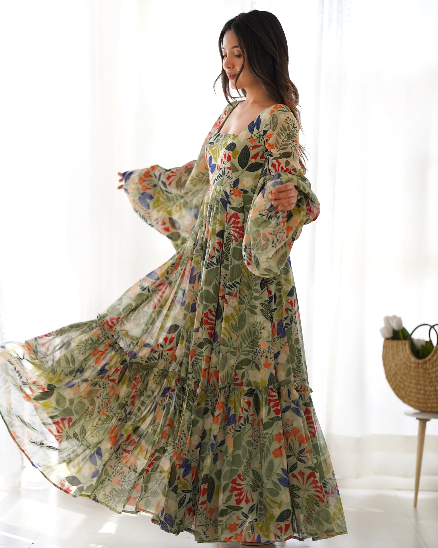 Samriddhi Pista Colourfull Floral Gown Digital Printed Faux Georgette