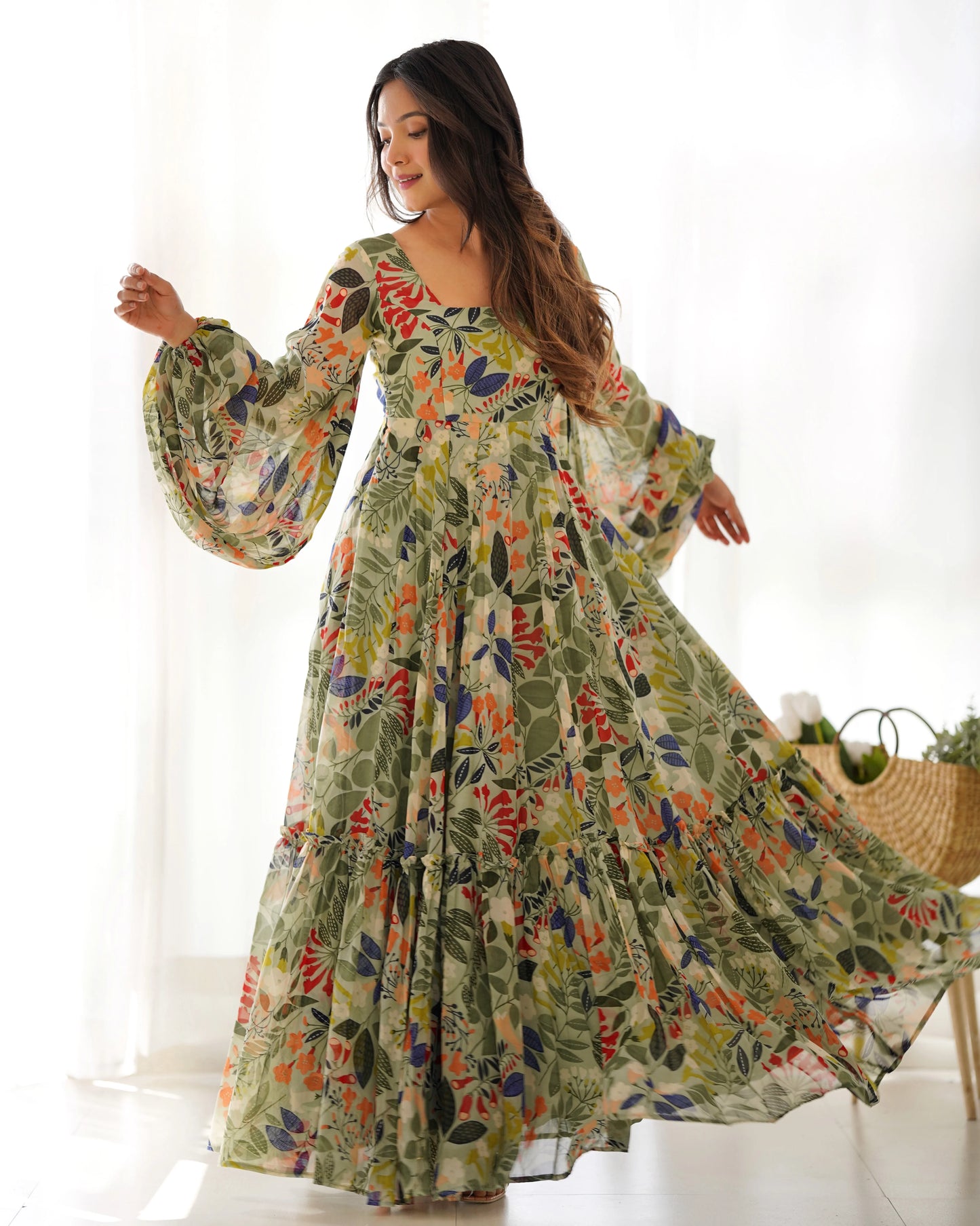 Samriddhi Pista Colourfull Floral Gown Digital Printed Faux Georgette