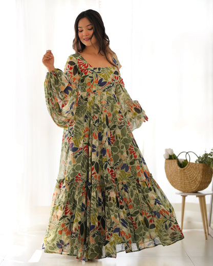 Samriddhi Pista Colourfull Floral Gown Digital Printed Faux Georgette