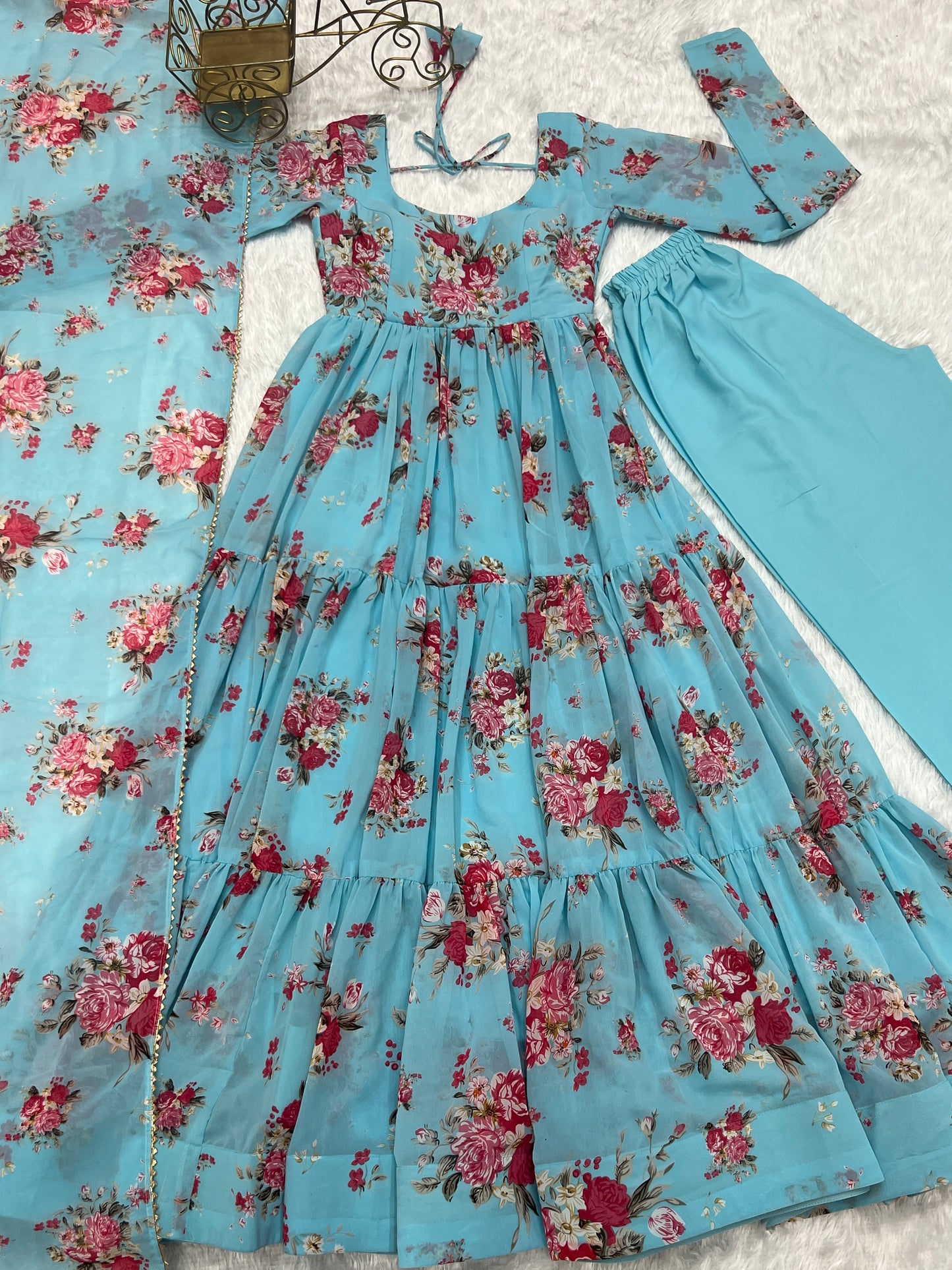 Ocean Blue Printed Georgette Anarkali