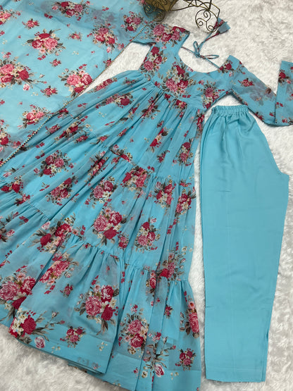 Ocean Blue Printed Georgette Anarkali