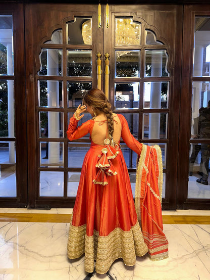 Jiya Premium Rusty Orange Chinon Silk Coding & Matte Sequins Anarkali Set