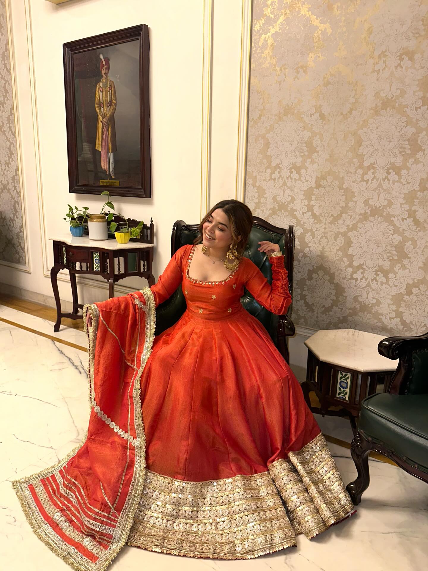 Jiya Premium Rusty Orange Chinon Silk Coding & Matte Sequins Anarkali Set