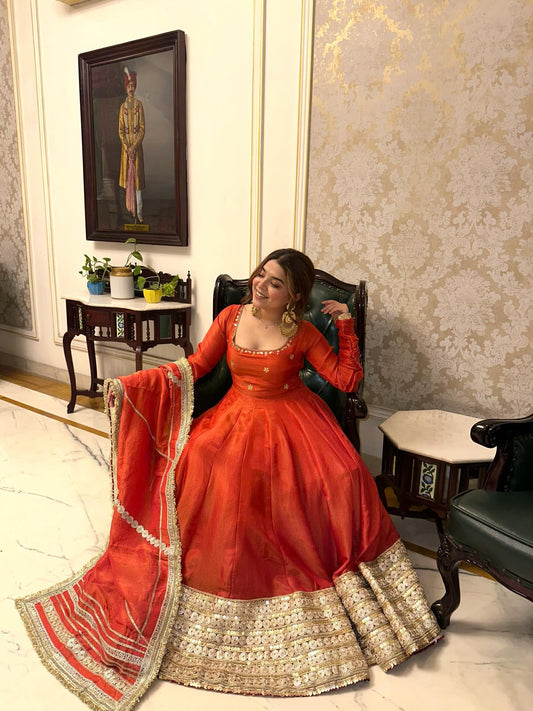 Jiya Premium Rusty Orange Chinon Silk Coding & Matte Sequins Anarkali Set