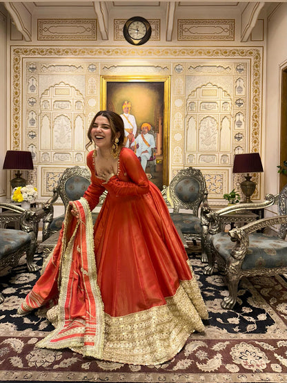 Jiya Premium Rusty Orange Chinon Silk Coding & Matte Sequins Anarkali Set