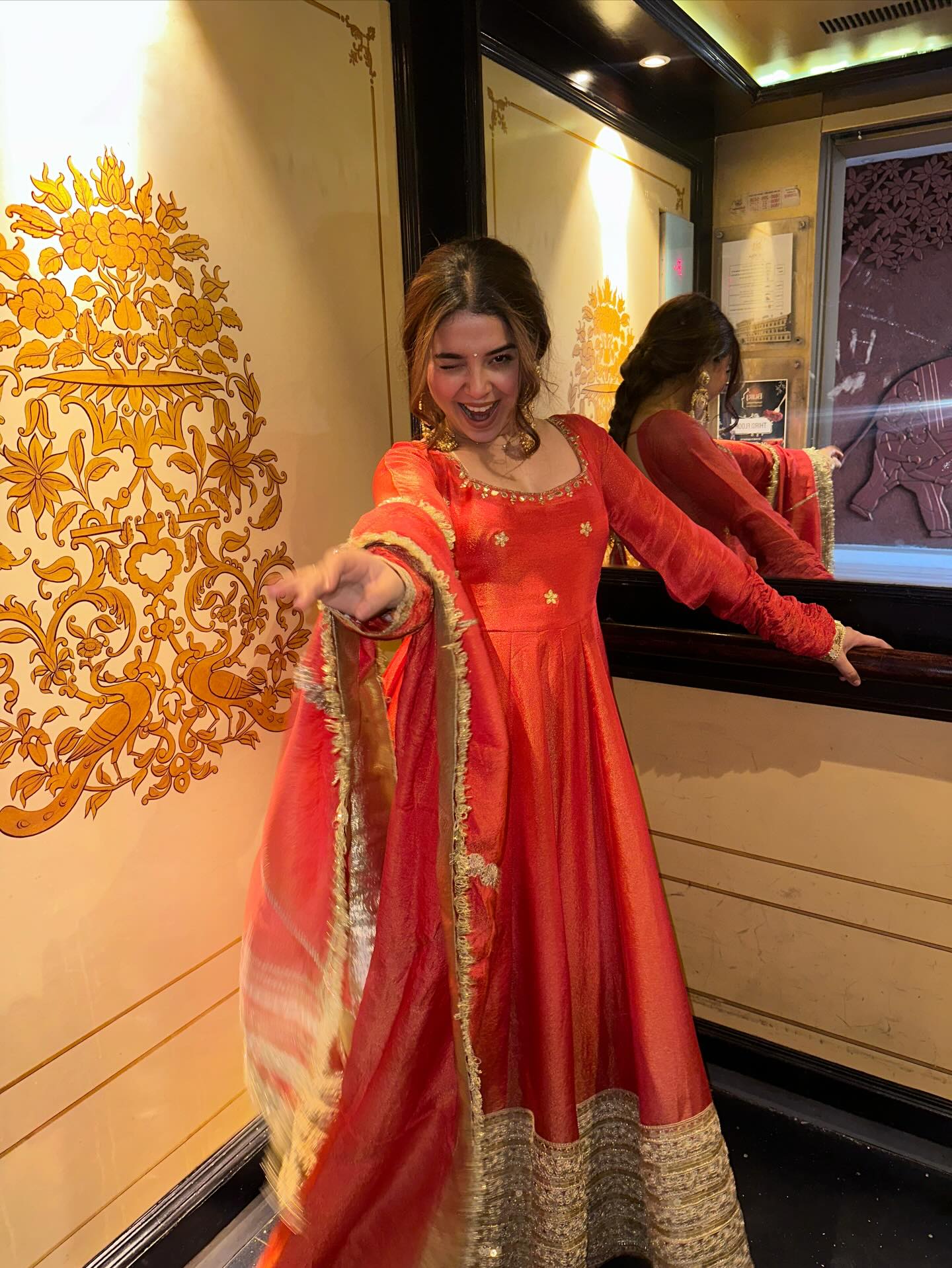 Jiya Premium Rusty Orange Chinon Silk Coding & Matte Sequins Anarkali Set