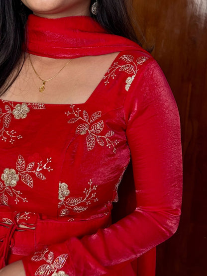 Kritika Red Heavy Fandy Satin Peplum Lehenga Set