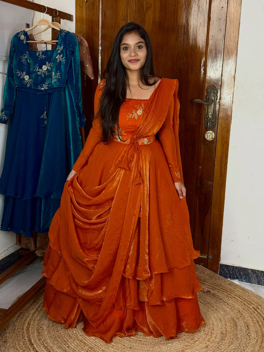 Ira Orange Heavy Fandy Satin Peplum Lehenga Set