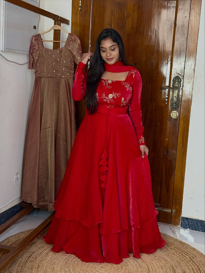 Kritika Red Heavy Fandy Satin Peplum Lehenga Set