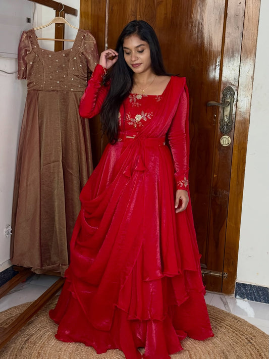 Kritika Red Heavy Fandy Satin Peplum Lehenga Set