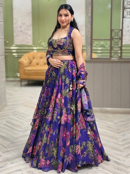 Virella Purple Floral Tabby Silk Lehenga Set