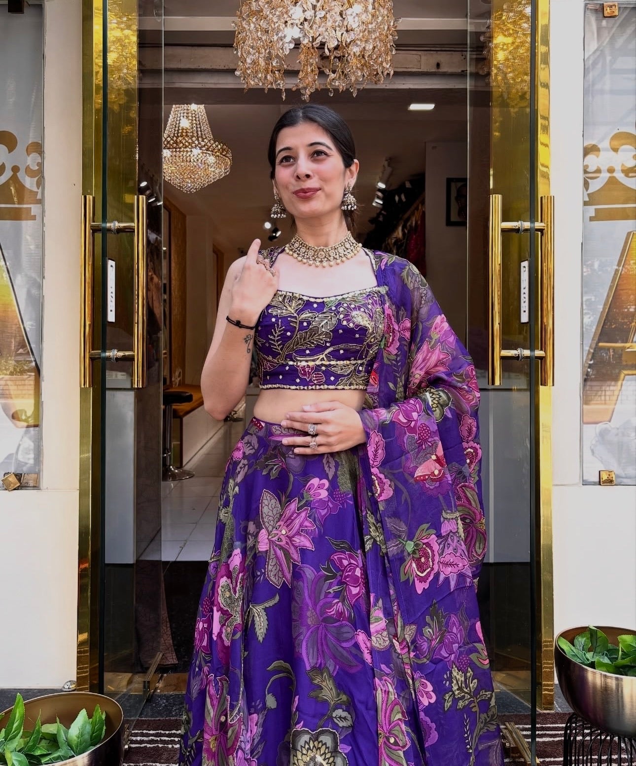 Virella Purple Floral Tabby Silk Lehenga Set