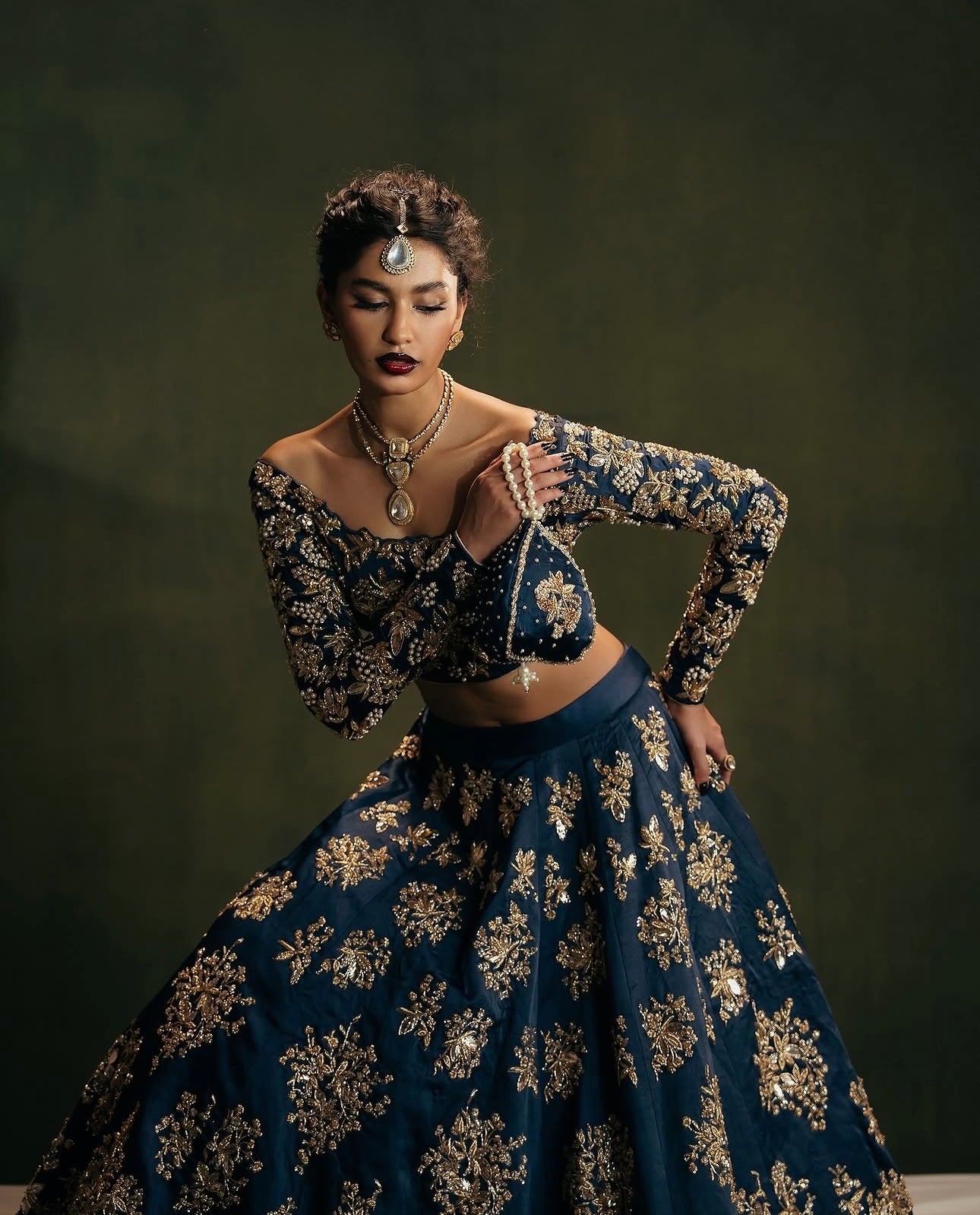 Zehara Navy Blue Polo Silk Zari Dori & Sequins Embroidered Lehenga Choli
