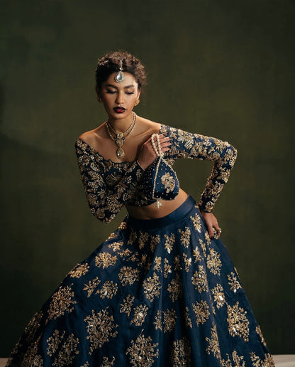 Zehara Navy Blue Polo Silk Zari Dori & Sequins Embroidered Lehenga Choli