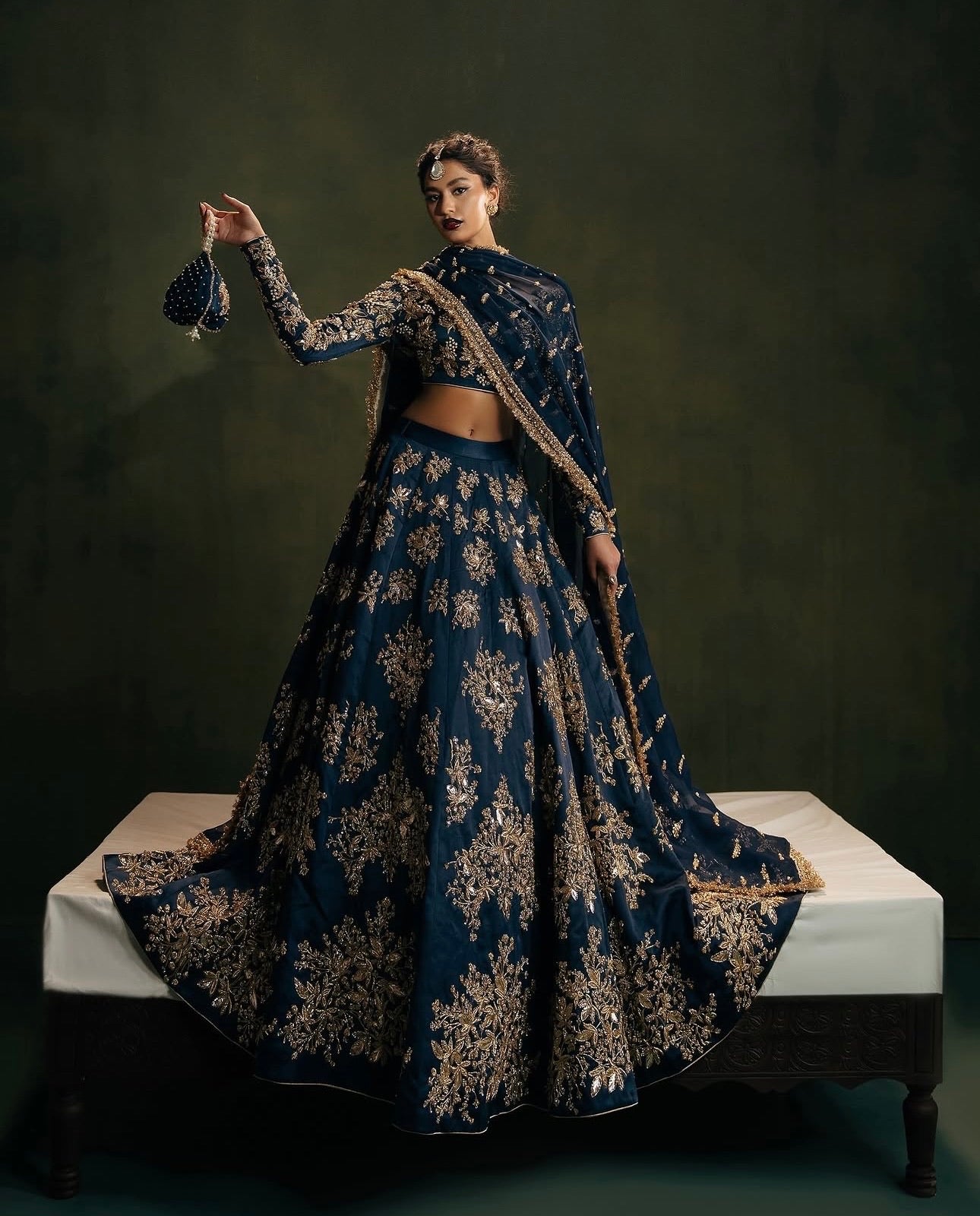 Zehara Navy Blue Polo Silk Zari Dori & Sequins Embroidered Lehenga Choli