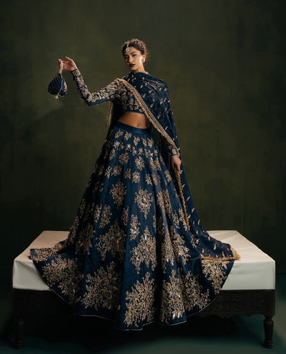 Zehara Navy Blue Polo Silk Zari Dori & Sequins Embroidered Lehenga Choli