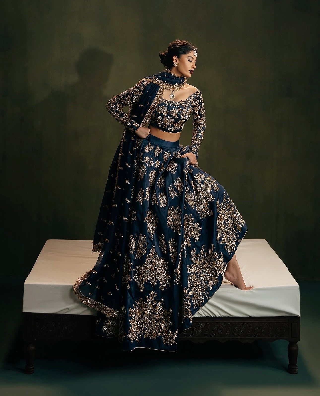 Zehara Navy Blue Polo Silk Zari Dori & Sequins Embroidered Lehenga Choli