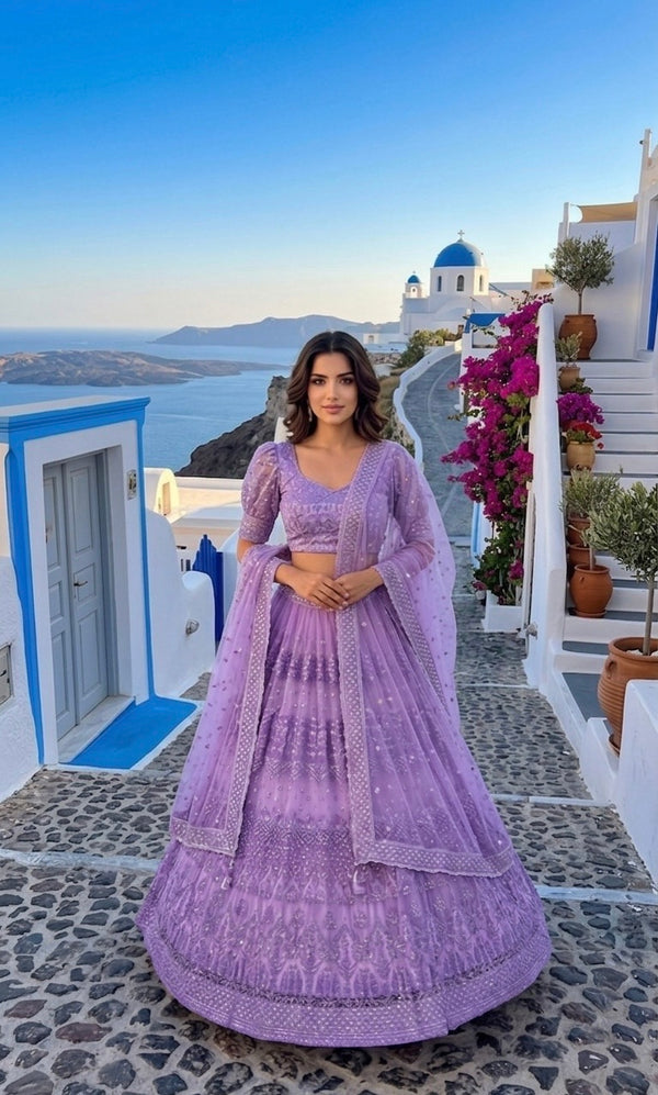 Zyavira Lavender Net Embroidered Lehenga Choli with Dupatta